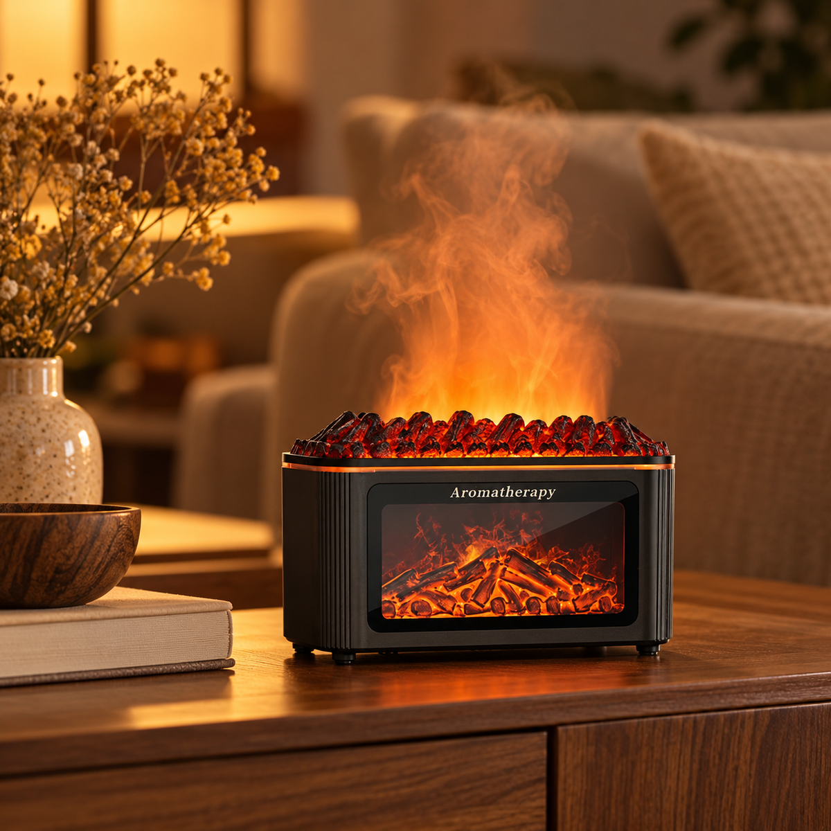 Aroma-Diffusor in Kaminholz-Optik mit Flammeneffekt in 7 Farben – stimmungsvolles Produktfoto
