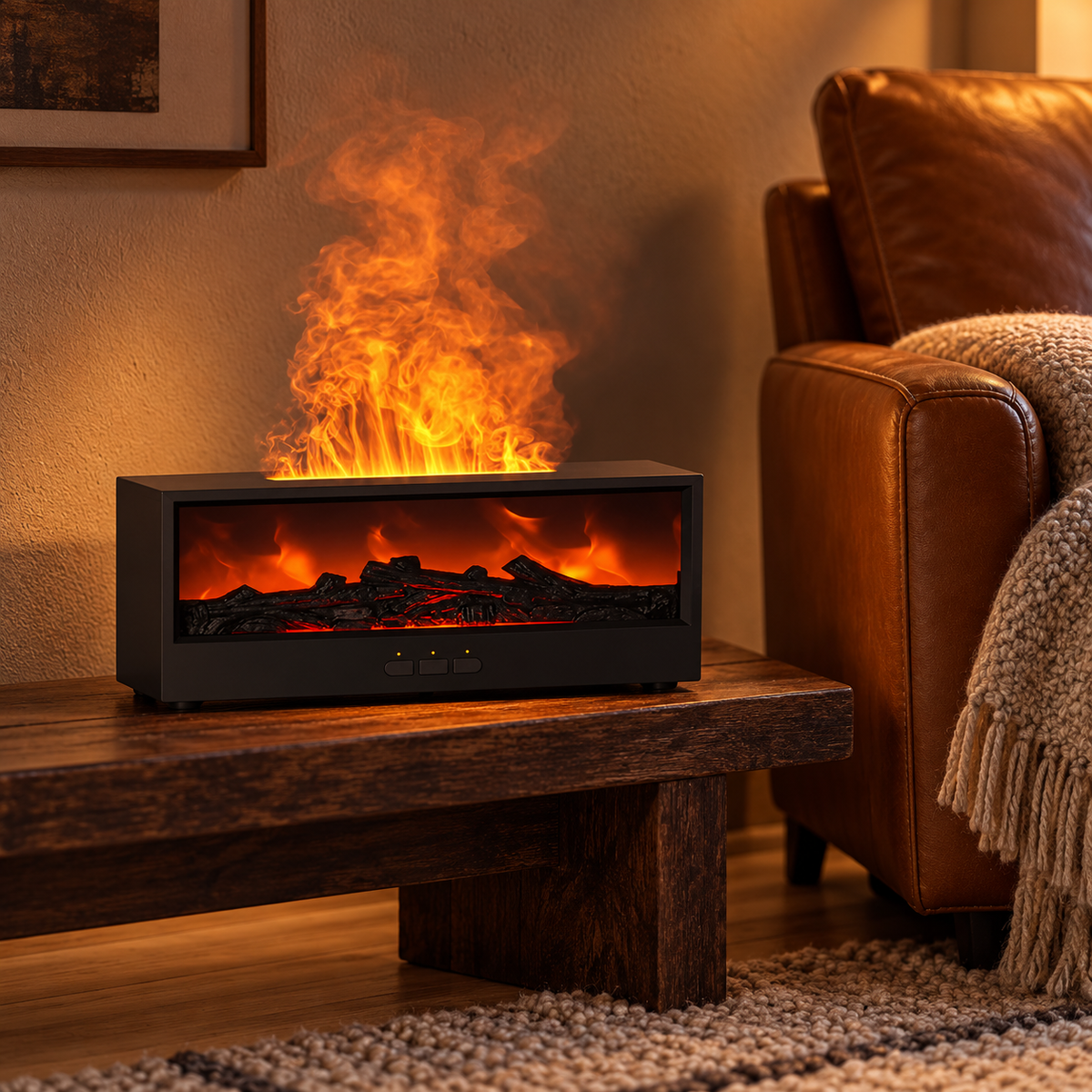 Aroma-Diffusor im Kamin-Look mit 3D-Flammeneffekt, Timer und Fernbedienung – Produktfoto im Wohnambiente
