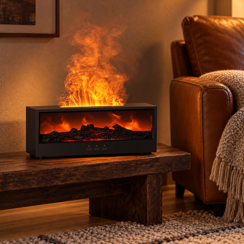 Aroma-Diffusor im Kamin-Look mit 3D-Flammeneffekt, Timer und Fernbedienung – Produktfoto im Wohnambiente