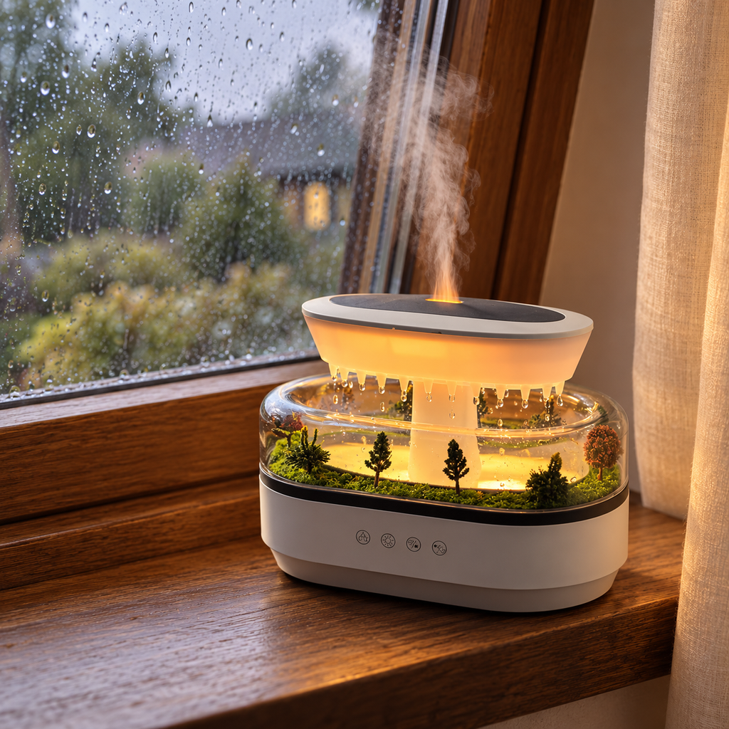 Aroma-Luftbefeuchter „Regentropfen“ mit Mini-Landschaft und Farblicht – Produktfoto im Wohnambiente