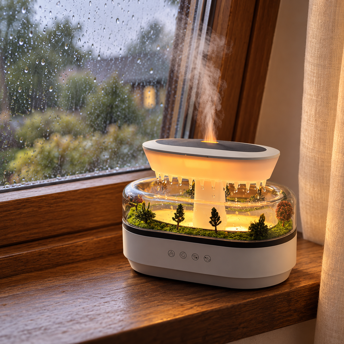 Aroma-Luftbefeuchter „Regentropfen“ mit Mini-Landschaft und Farblicht – Produktfoto im Wohnambiente