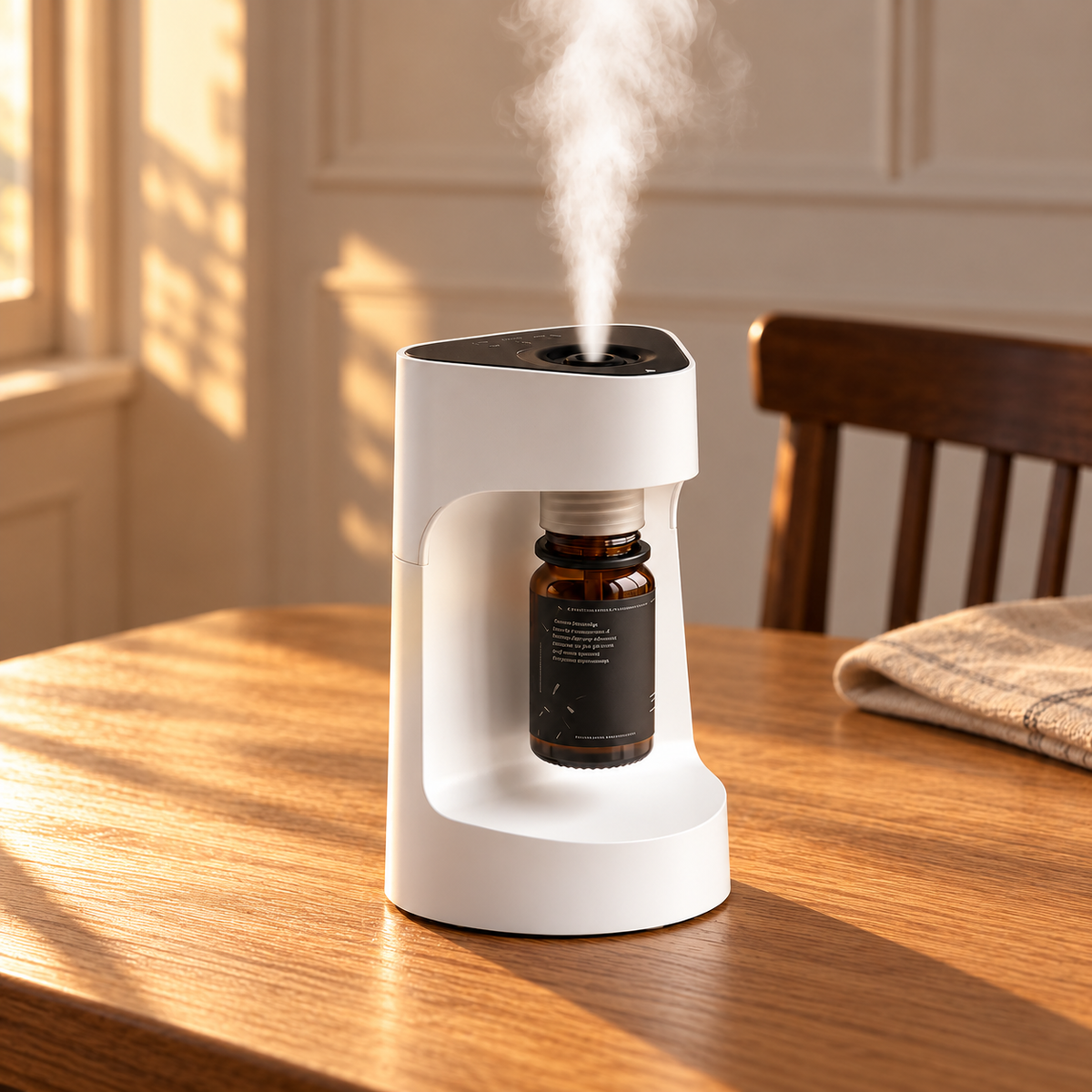 Aromatherapie-Diffusor, über USB aufladbar, mit intelligentem Timer und drei Geschwindigkeitsstufen, ideal für zu Hause, im Büro und im Auto – Produktfoto im Wohnambiente
