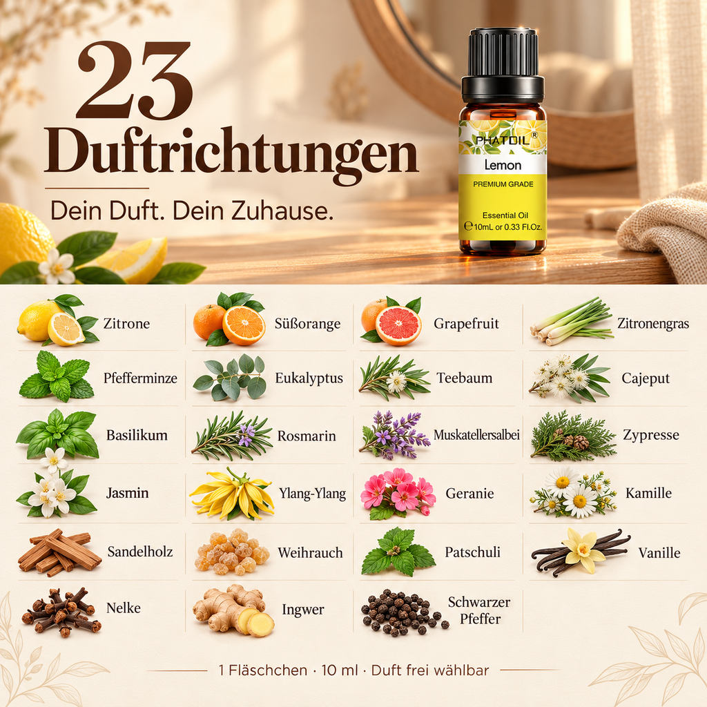 Ätherisches Öl, 10 ml – Übersicht der 23 wählbaren Duftrichtungen mit Pflanzen, Blüten und Gewürzen