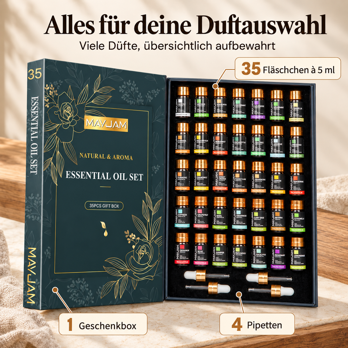 Lieferumfang: 35 Fläschchen à 5 ml, vier Pipetten und eine Geschenkbox