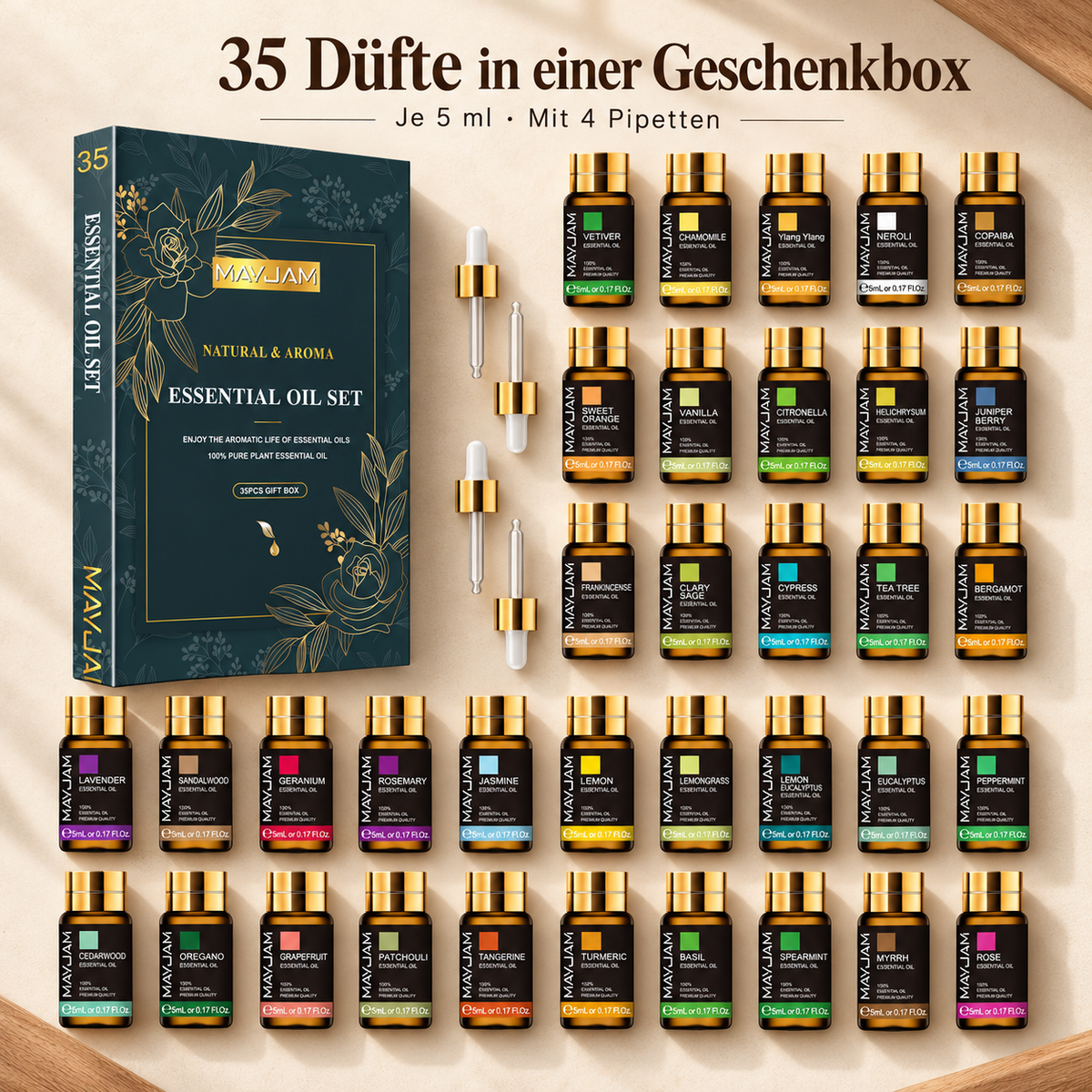 MAYJAM Geschenkset mit 35 verschiedenen Duftölen à 5 ml und vier Pipetten