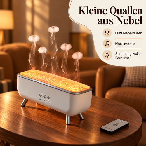 Aroma-Luftbefeuchter Qualle mit fünf Nebeldüsen, Musikmodus und Farblicht im gemütlichen Wohnbereich