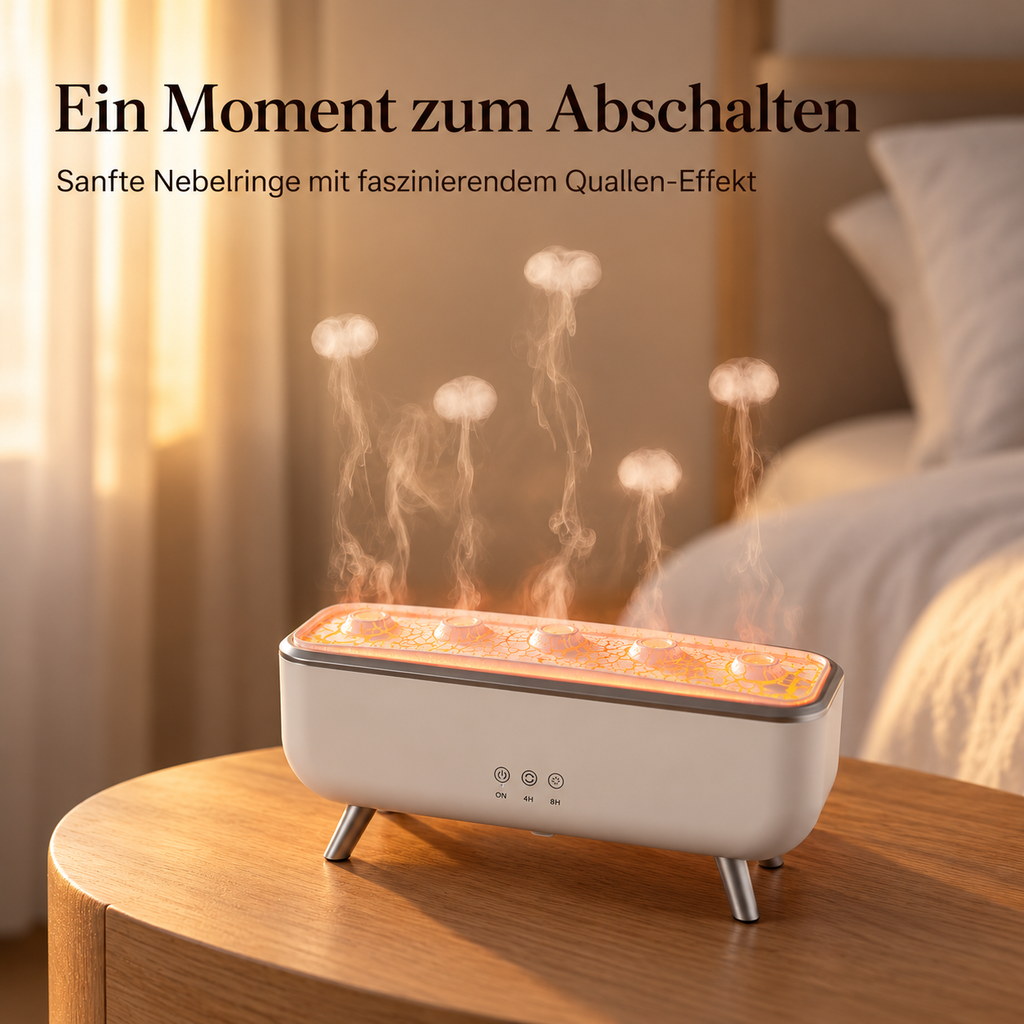 Aroma-Luftbefeuchter Qualle mit sanften Nebelringen auf einem Nachttisch