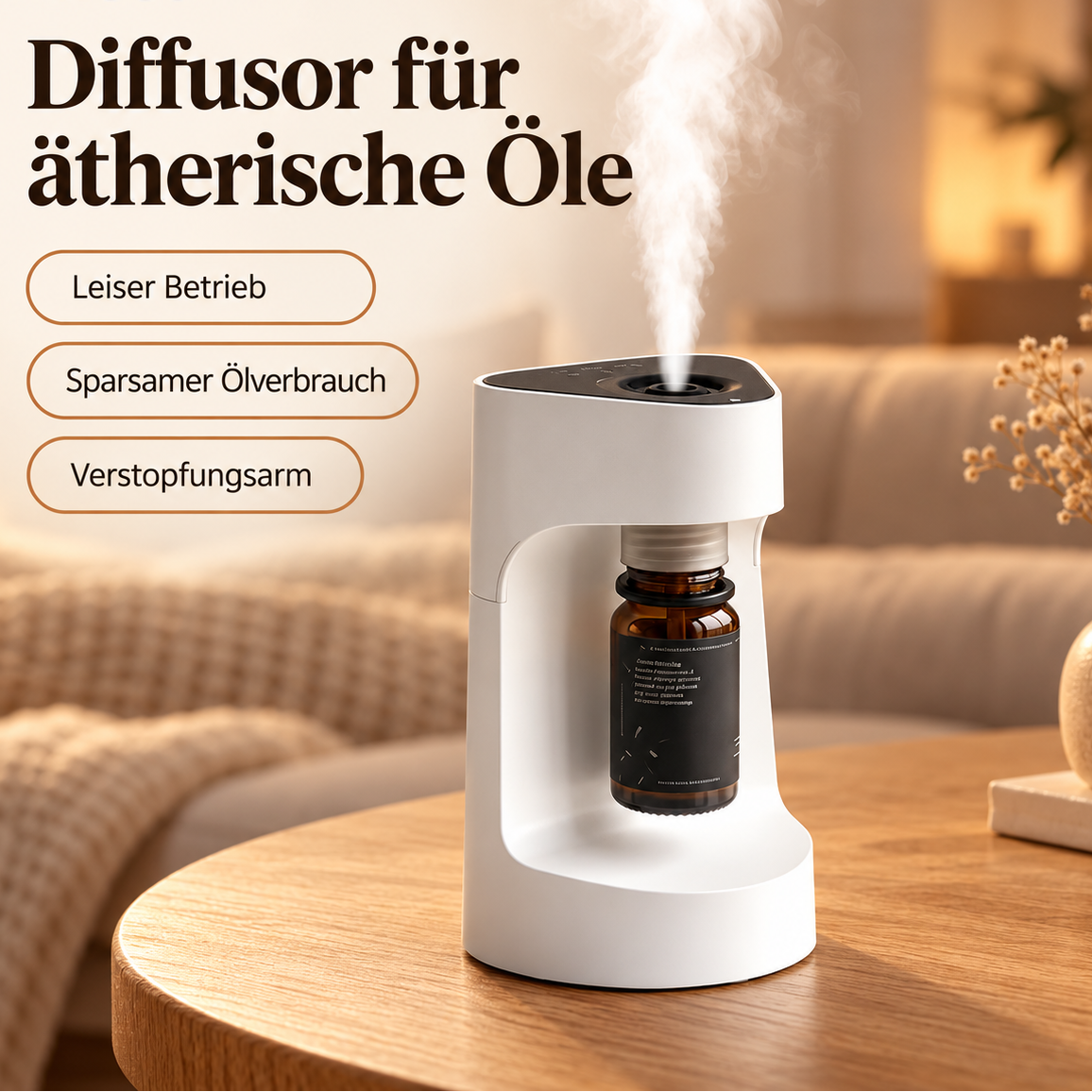 Aromadiffusor in Weiß auf einem Holztisch – leiser Betrieb, sparsamer Ölverbrauch und verstopfungsarm