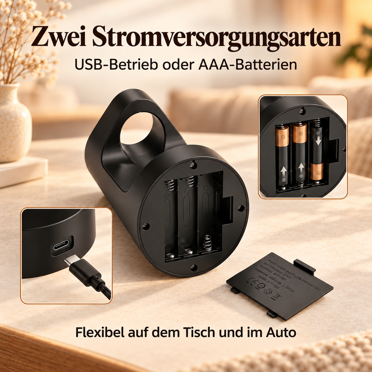 Zwei Stromversorgungsarten: USB oder AAA-Batterien